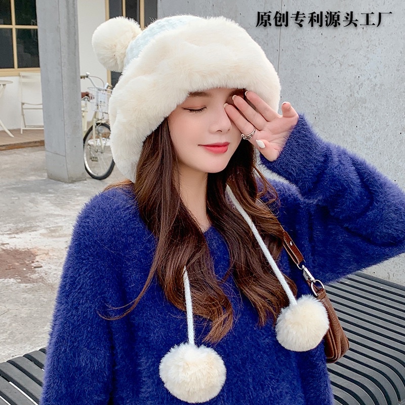 Mũ lông mix Len Dày Dặn Giữ Ấm Tai Đính Quả Bông Mickey Dễ Thương Thời Trang Thu Đông Nhật Bản
