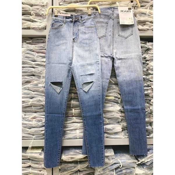 Quần Jeans Nữ Lưng Cao Ôm Body Túi Sau loang đen xanh