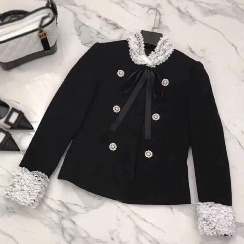 Áo dạ oha ren cổ nơ đính khuy | BigBuy360 - bigbuy360.vn