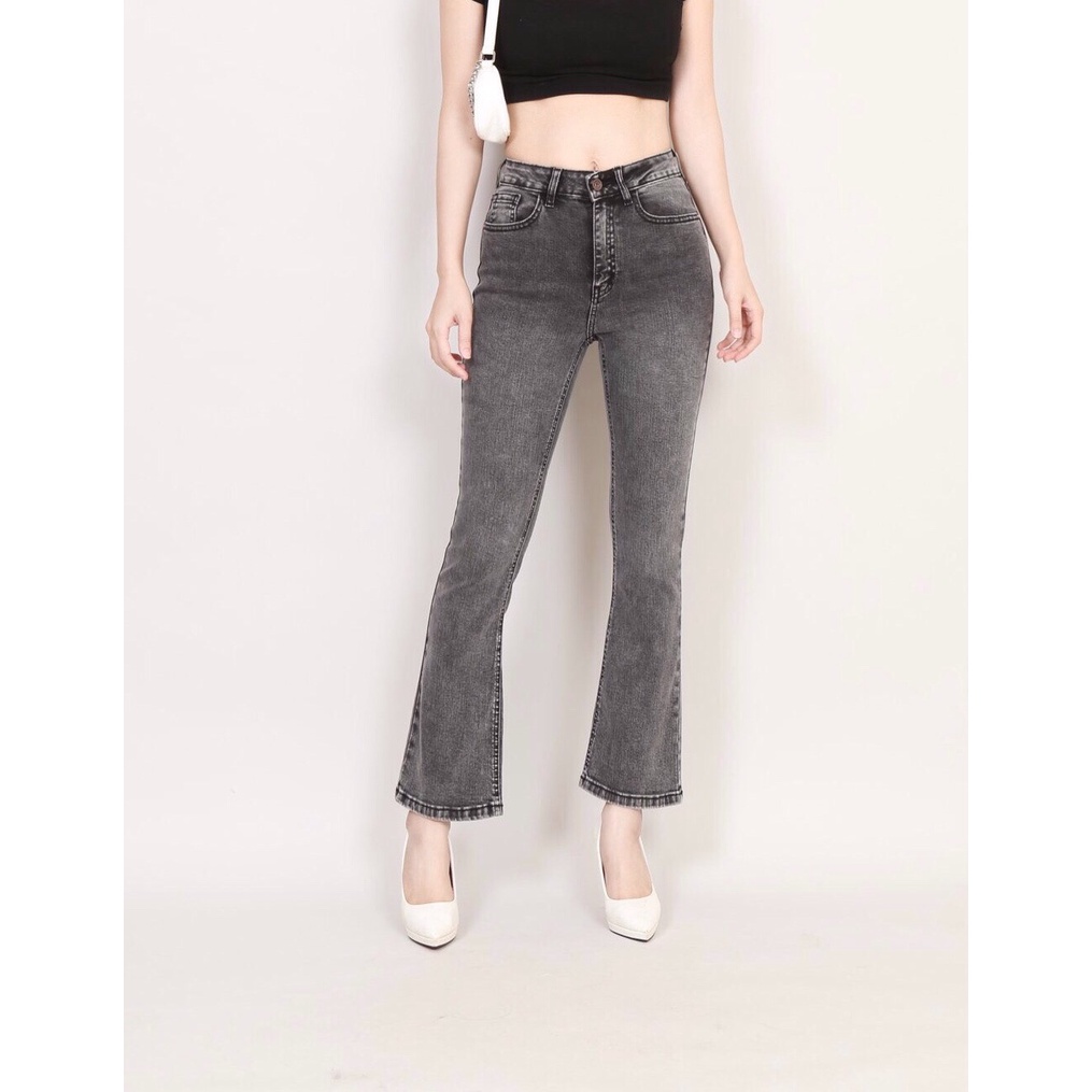 Quần Jean Nữ Ống Loe Xám Khói Cạp Cao Vải Xuất Xịn Co Giãn Gấu Thường CT Jeans
