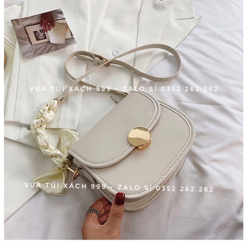 Túi đeo chéo nữ cúc tròn dây phối nơ buộc đi chơi đi làm dễ thương