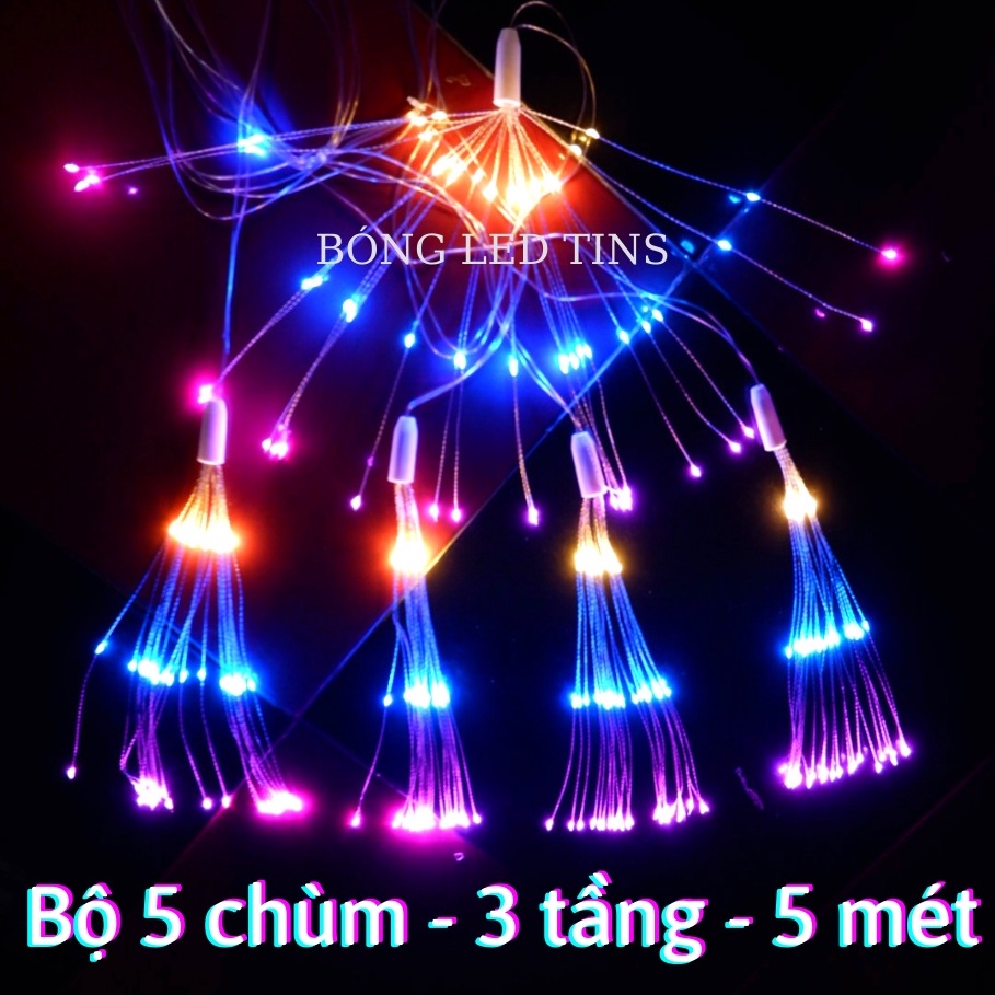 Dây đèn led pháo hoa 5 chùm 2 tầng 3 tầng nhiều màu chớp nháy cắm điện 220V chống nước trang trí têt