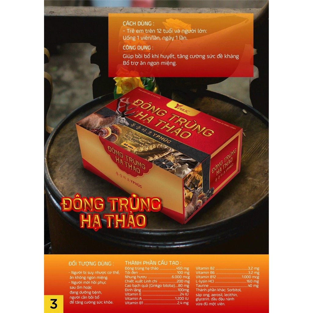Đông trùng hạ thảo Y Phúc, bồi bổ sức khoẻ, tăng cường miễn dịch, giúp ăn ngon ngủ ngon, hộp 30 viên