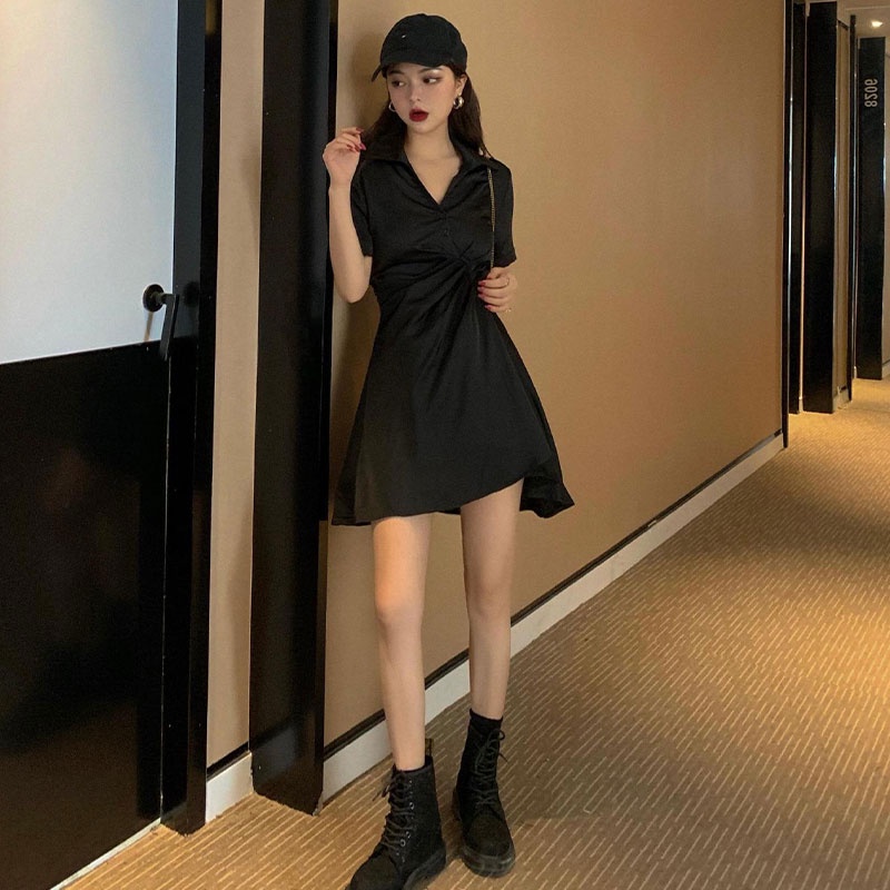 Đầm XINLANYASHE ôm cổ chữ v tay ngắn màu đen quyến rũ thời trang cho nữ