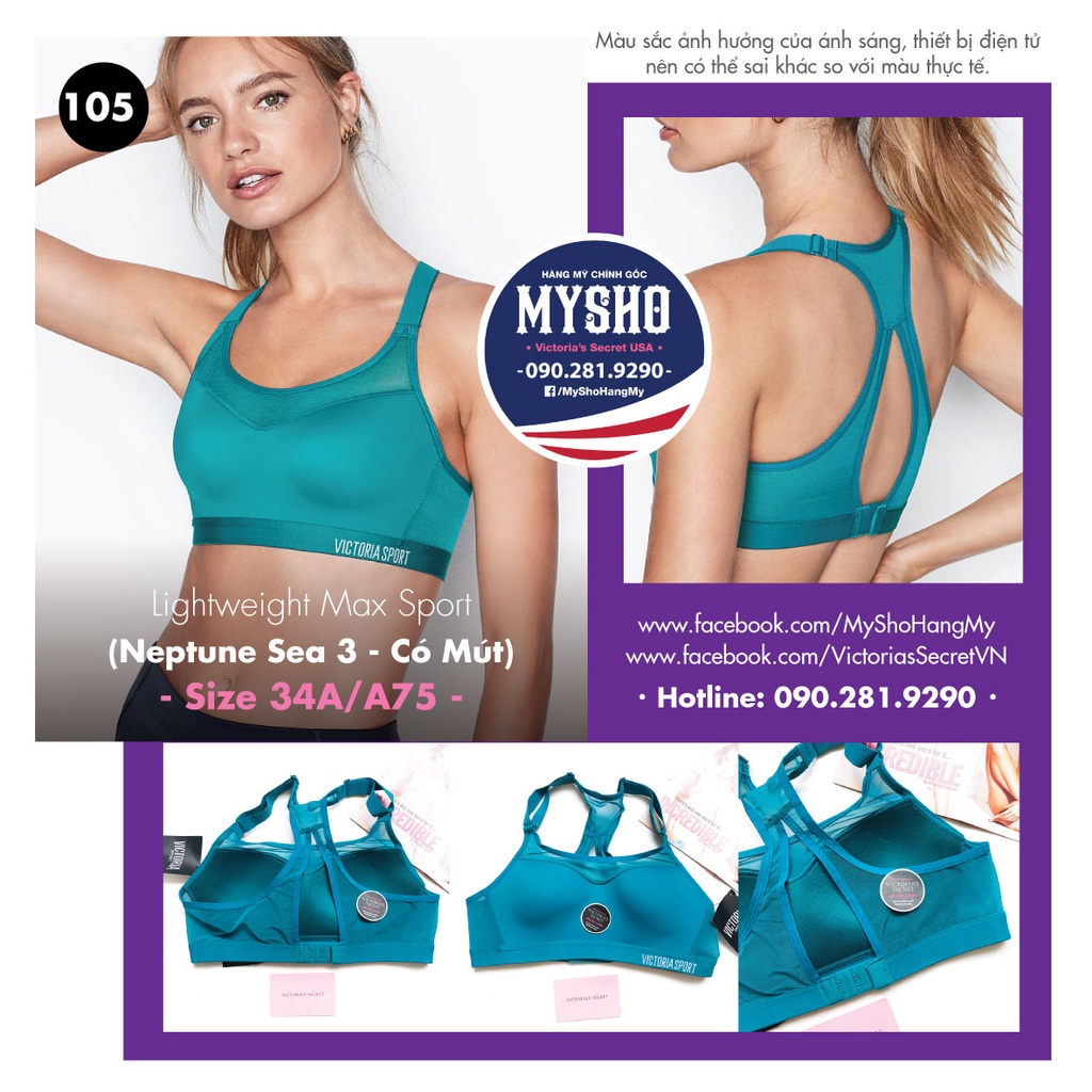 [Size 34A/A75 - 105] Áo Tập Lightweight Max Sport (Neptune Sea - có Mút)