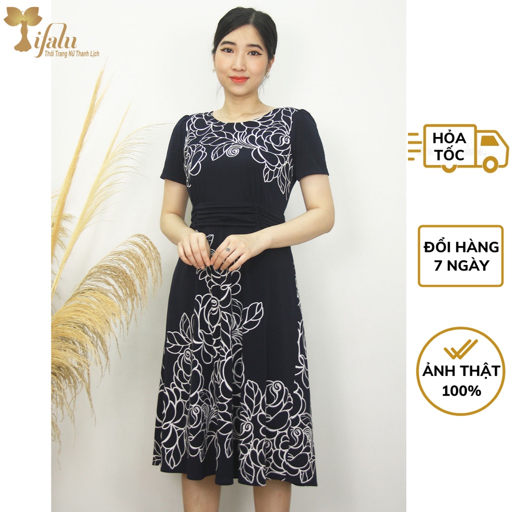 Đầm dáng xòe họa tiết sang trọng LD906 - Đầm trung niên bigsize TIFALU (50kg-90kg)