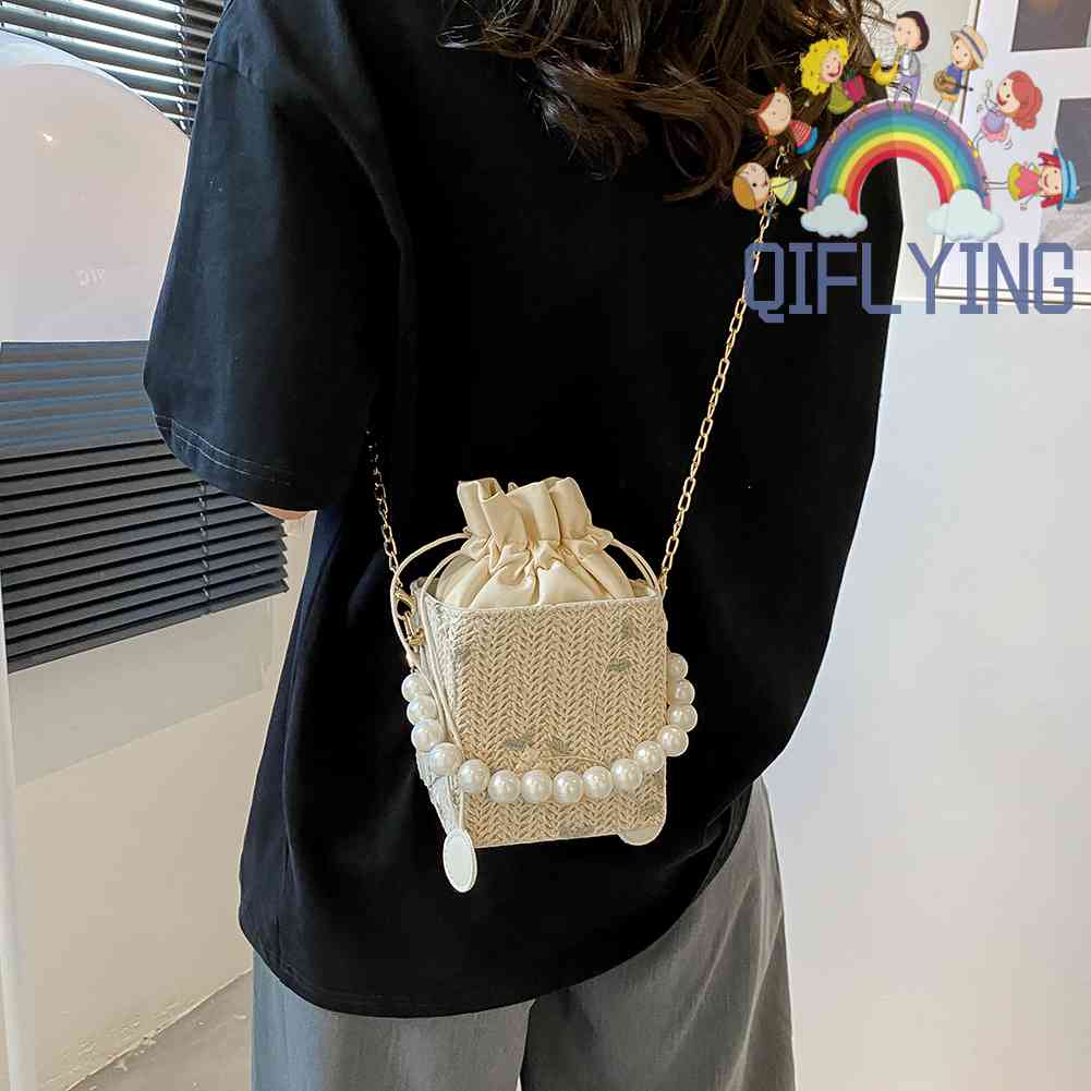 Túi Đeo Chéo Mini Dây Rút Đính Hoa Ngọc Trai Dành Cho Nữ