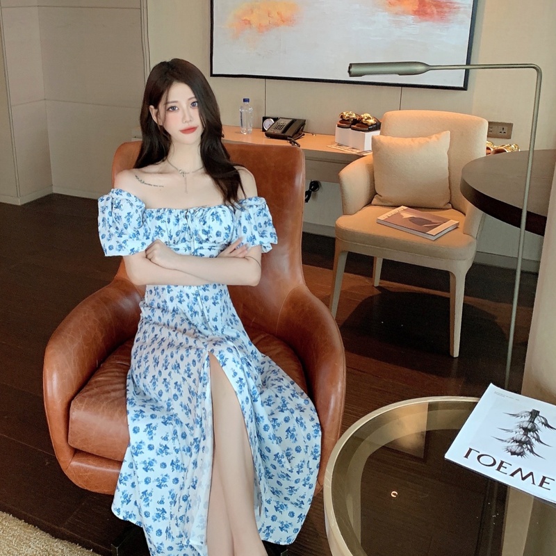 Đầm PERTY trễ vai tay phồng họa tiết hoa phong cách Pháp thời trang mùa hè cho nữ