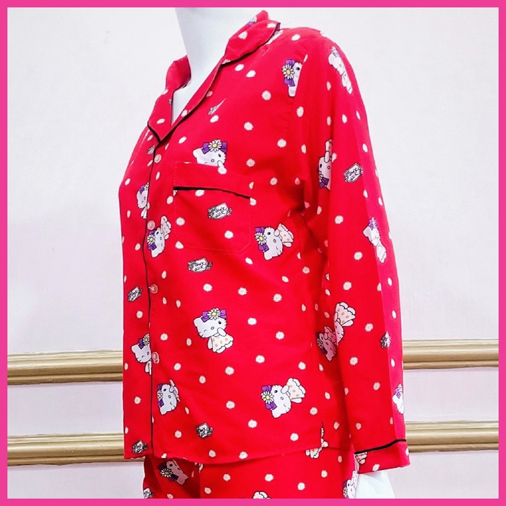 [FREESIZE] Đồ bộ mặc nhà Pijama HUGEE cao cấp vải Kate Thái loại 1 màu đỏ họa tiết Hello Kitty A001