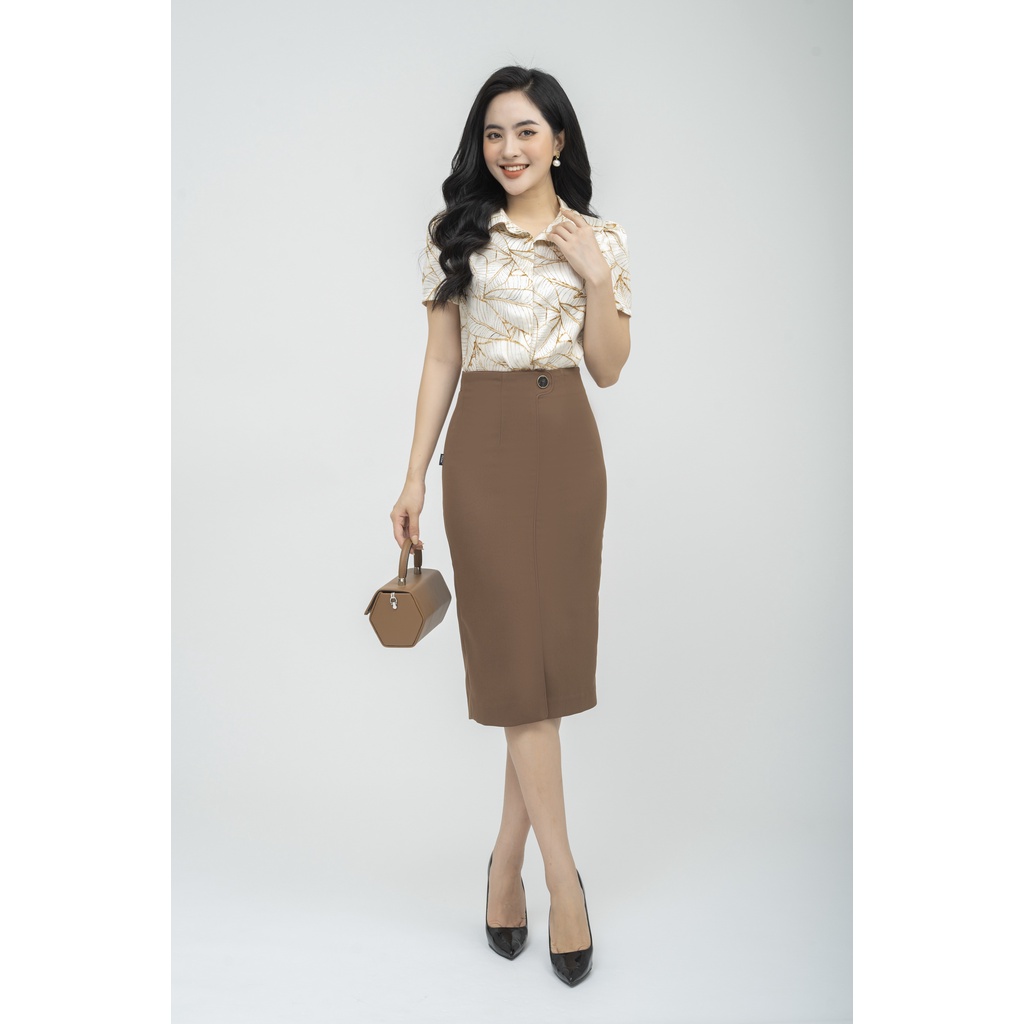 Áo sơ mi nữ dáng croptop Fiona, Sơ mi công sở thiết kế cổ đức tròn giấu khuy F552169
