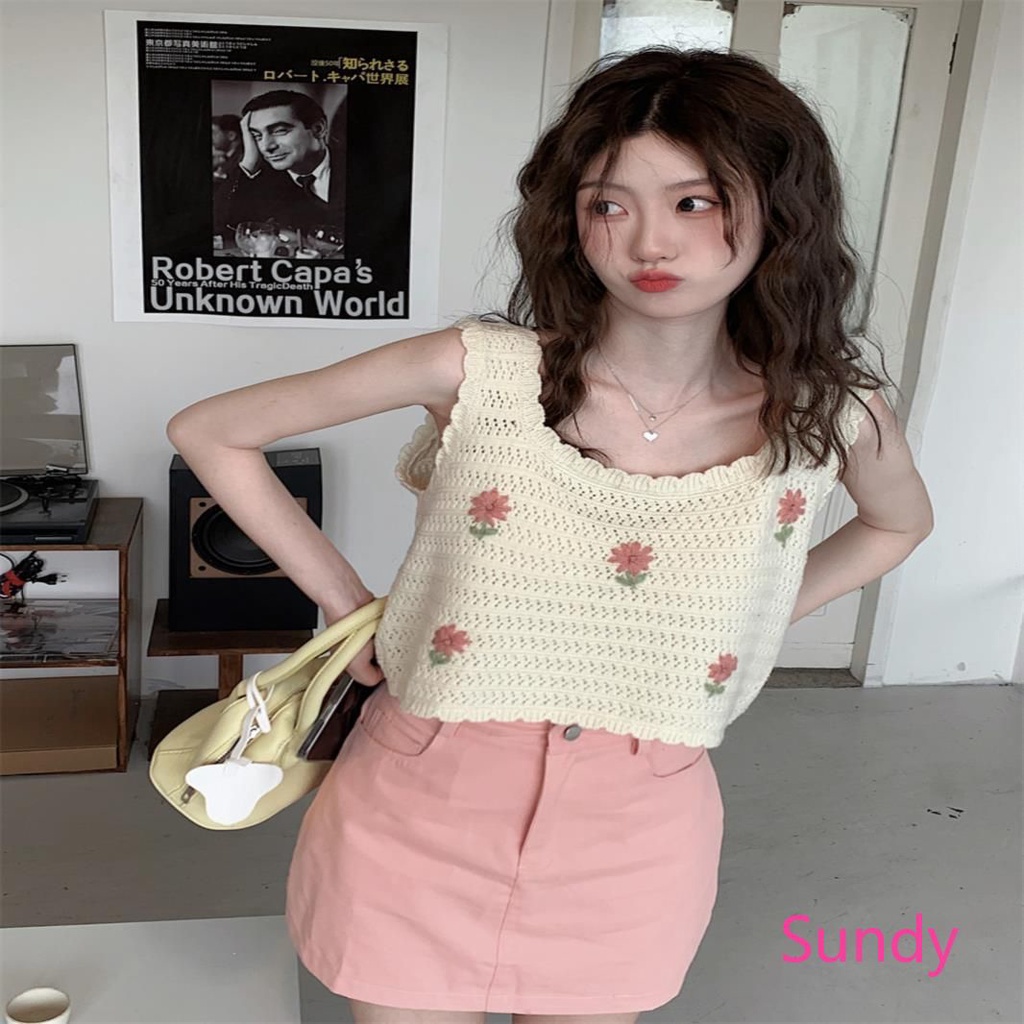 Áo Hai Dây Dệt Kim Thêu Họa Tiết Ngọt Ngào Thời Trang Mùa Hè