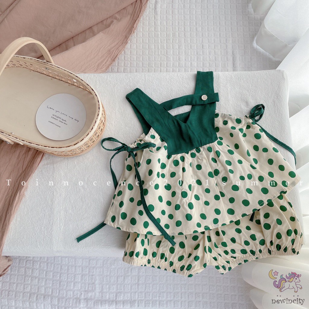 Bộ Áo Hai Dây Chấm Bi + Quần Short Thời Trang Mùa Hè Hàn Quốc Dành Cho Bé Gái