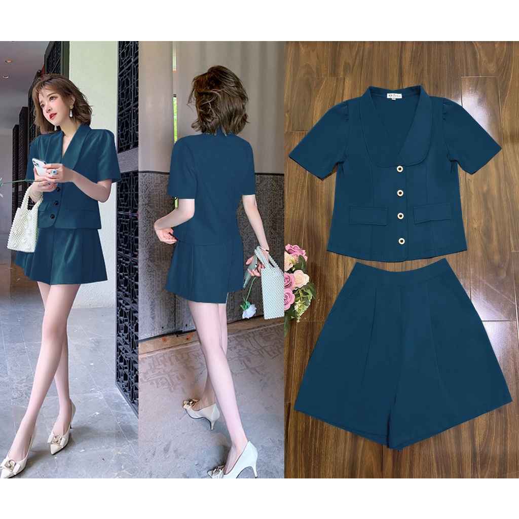 Bộ Quần Áo Nữ 💕FREESHIP💕 Set nguyên bộ quần short giả váy lưng thun áo cổ lá sen 2 túi giả xinh xắn TJ1126