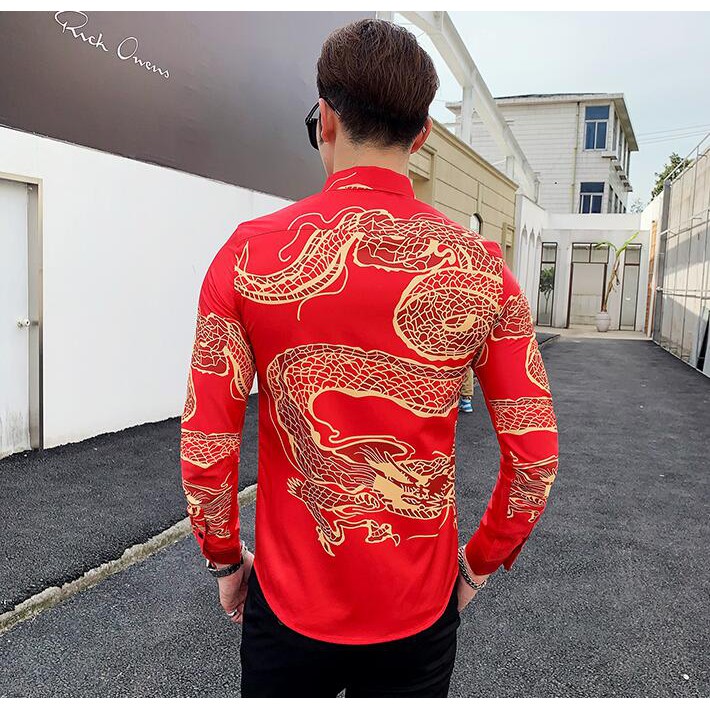 Áo thun xã hội cho Men Dragon mẫu Hip hop Long tay áo Blouse Man Slim vừa quần áo mới áo kiểu Trung Hoa Summer