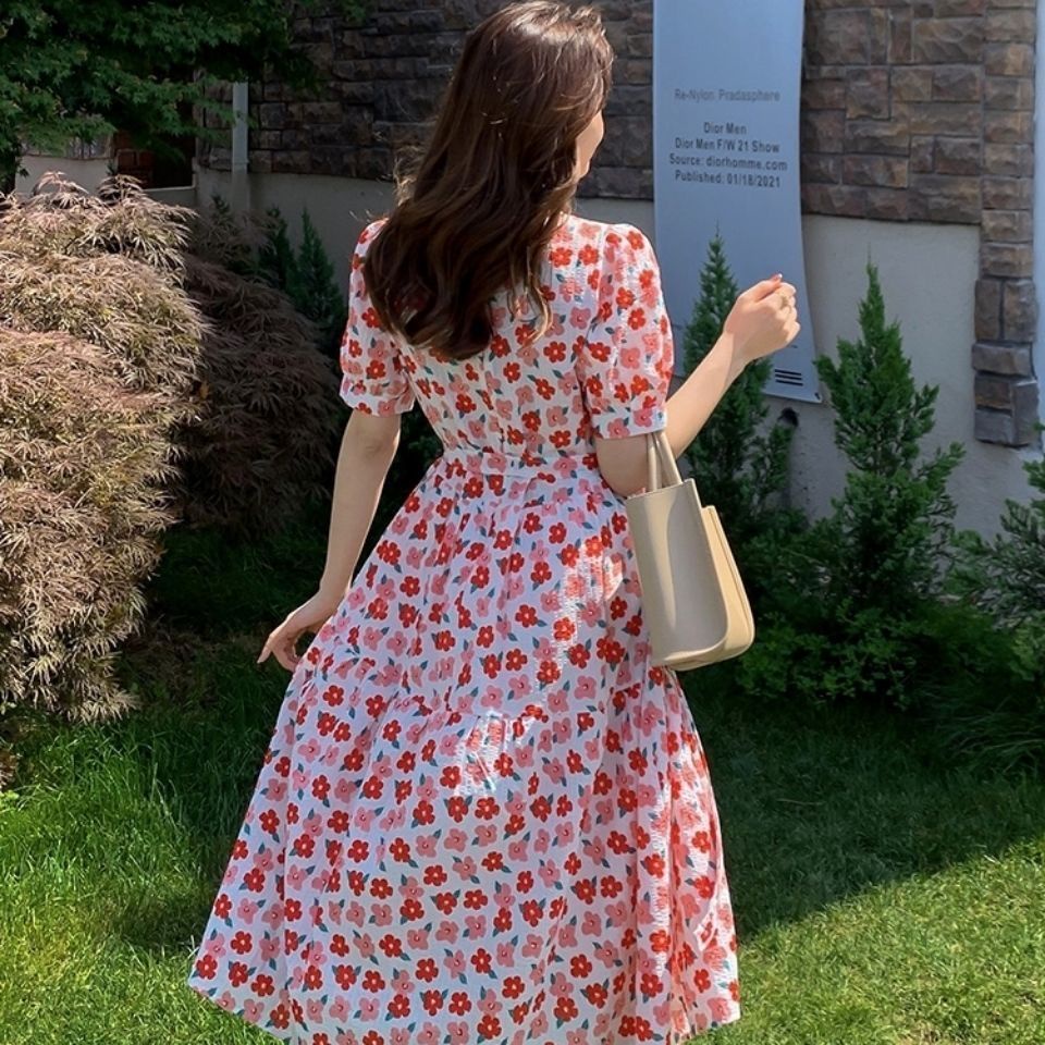 Đầm Dáng Dài Tay Phồng In Họa Tiết Hoa Nhỏ Xinh Xắn Thời Trang Pháp 2022