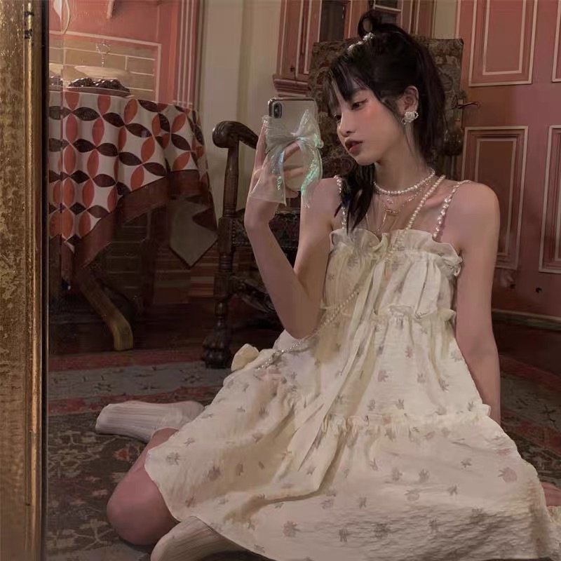 Váy Đầm Babydoll Tầng Hai Dây Thắt Nơ Hoạ Tiết Quả Đào Xinh Xắn Đáng Yêu
