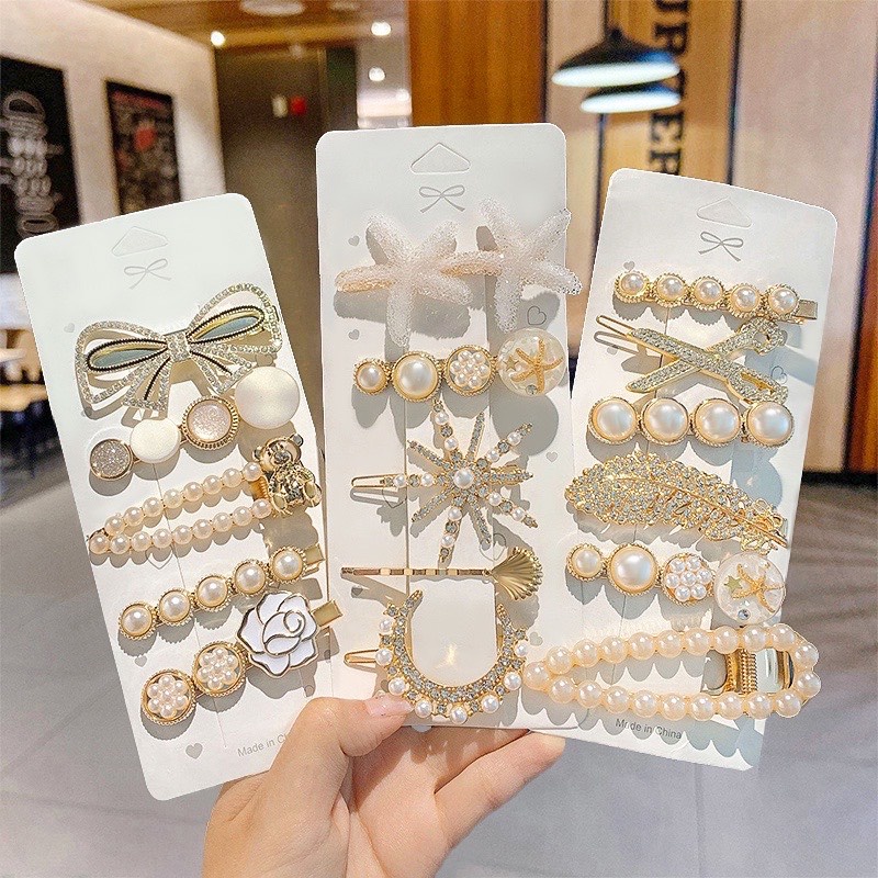 Set kẹp tóc đính đá mix mẫu Hàn Quốc sang chảnh cho bạn nữ BAG U SKT45