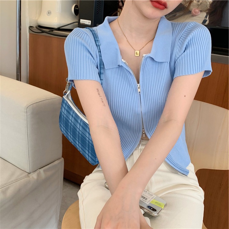 MS183 Áo polo len nữ cổ bẻ khoá zip 2 chiều
