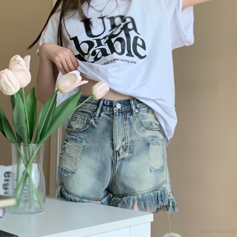 Quần Short Denim Mỏng Lưng Cao Dáng Ôm Kiểu Retro Hàn Quốc Cá Tính