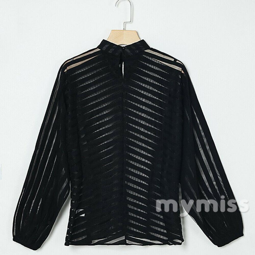 Ctcc-nữ Lưới Nhìn Xuyên Qua Kéo Dài Tay Sọc Mock Cổ Sheer Áo Sơ Mi Thời Trang