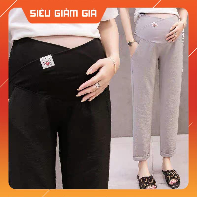 Quần bầu baggy đũi gập gấu cạp chéo siêu mát Ko nhăn☘quần cạp chéo bầu có đáp bụng và chun chỉnhSize từ S đến 3XL QB203