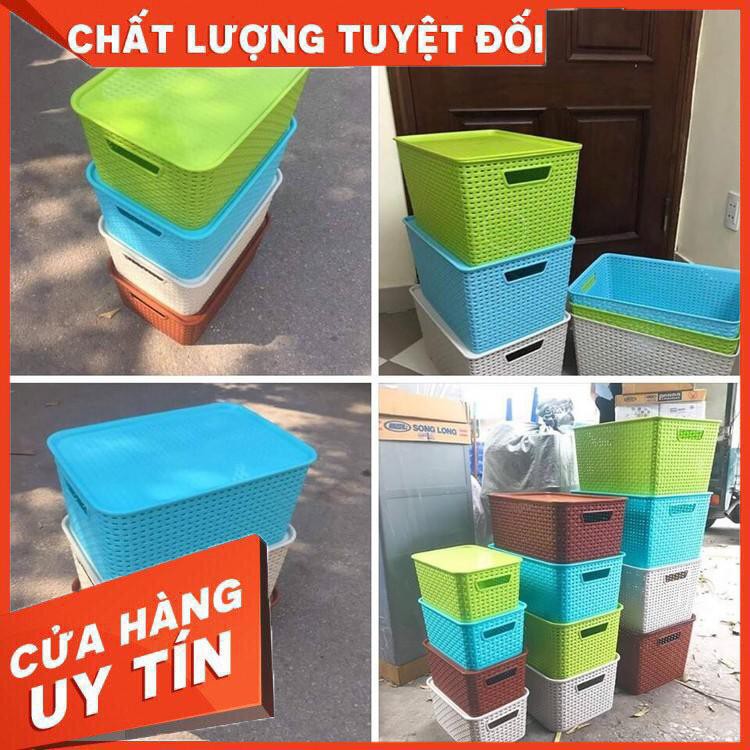 Rổ nhựa đựng đồ giả mây có nắp đậy size đại Việt Nhật - Giỏ nhựa đan đựng đồ chơi, quần áo, thùng nhựa đan nhiều màu