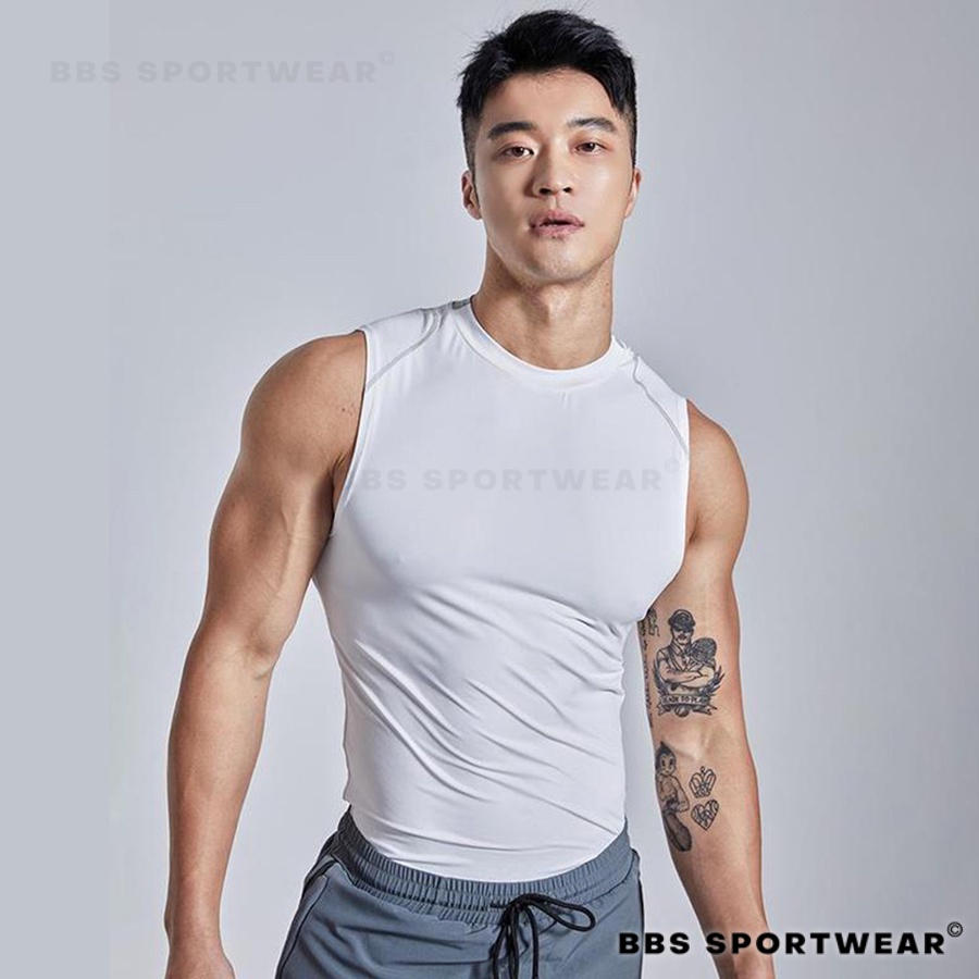 Áo thể thao sát nách BBS WEAR Trắng TANK TOP , Áo ba lỗ tập GYM nam AO03A