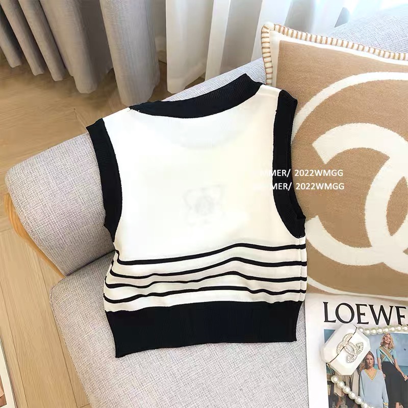 622201#Áo Dệt Kim Mỏng Màu Trắng Họa Tiết Kẻ Sọc Màu Tương Phản Thời Trang Mùa Hè Cho Nữ