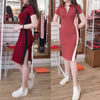 614 - Đầm ôm body cổ sơ mi tay ngắn phối sọc bên sườn xẻ trái