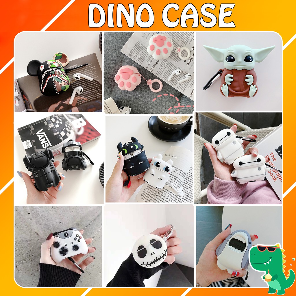 Case Vỏ Bao Airpod Đựng Tai Nghe Airpods 1 2 Pro Hình Thú Siêu Cute Bằng Sillicone Dẻo Tặng Kèm Móc - Dino case Link 1