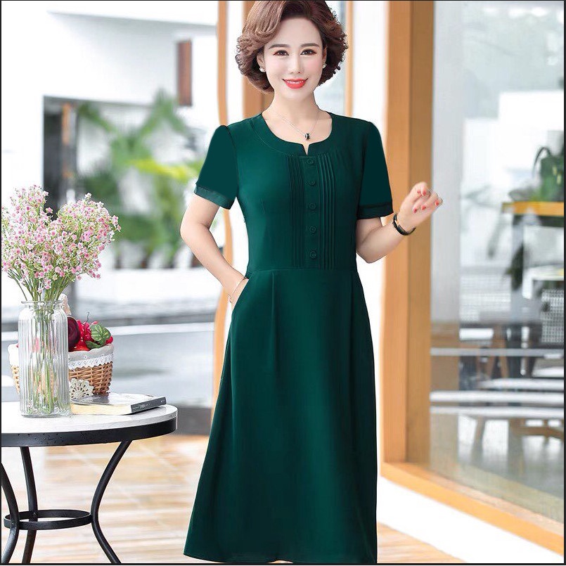 Váy đầm dự tiệc trung niên sang trọng  ,kiểu tay ngắn dài qua gối chất voan lụa cao cấp ,hàng chính hãng Thiên Tú Store