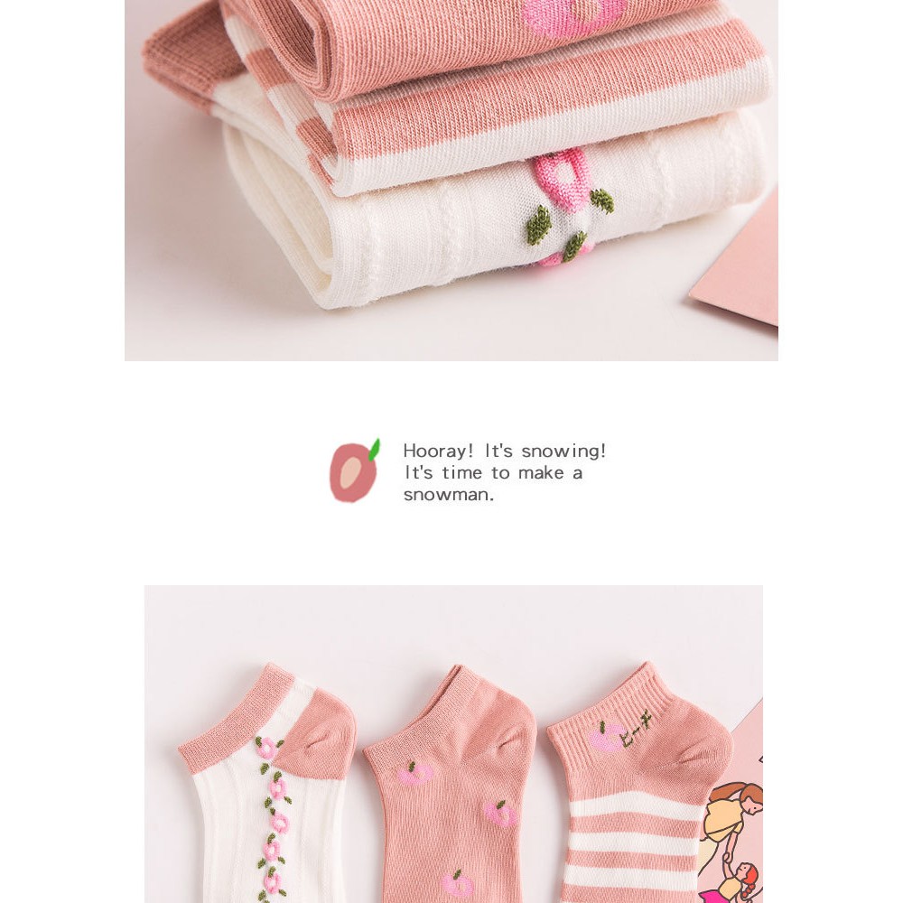 Vớ cổ thấp nữ Dễ thương In hình Trái cây Cổ thuyền Cotton Nhật Bản Tất Nữ Cổ ngắn Cute Màu Hồng dễ thương