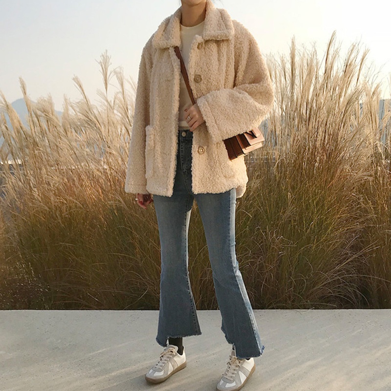 Áo Khoác Lông Cừu Giả Tay Dài Màu Sắc Trơn Thời Trang Mùa Đông Cho Nữ
