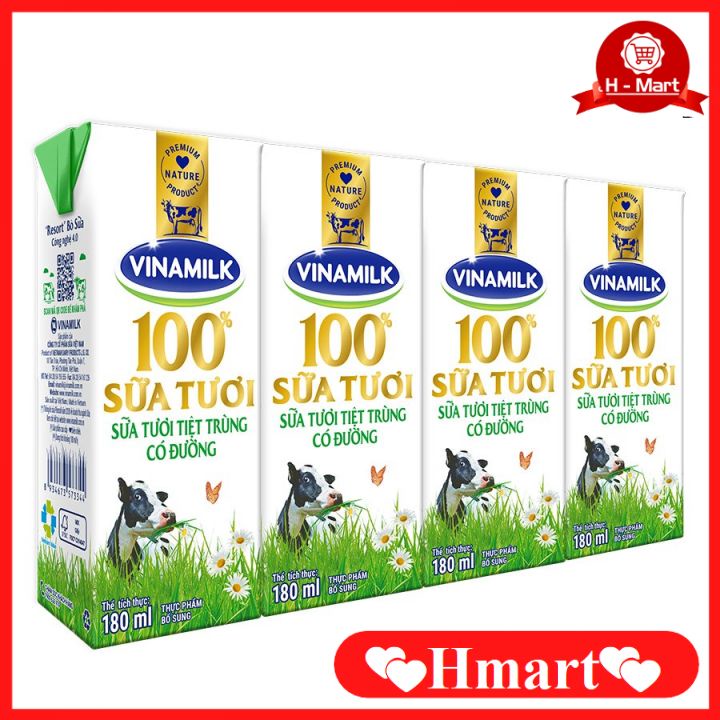 Hộp Sữa Tươi Tiệt Trùng Không Đường Vinamilk 100% Sữa Tươi 180ml