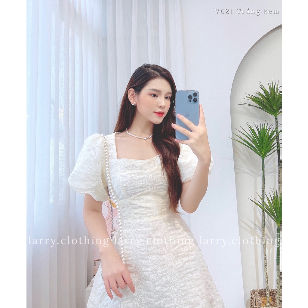 Đầm thiết kế nữ váy cổ vuông in hoa chìm tay bồng chất xốp nhăn xanh bơ 3 lớp thời trang thiết kế Larry Clothing V621