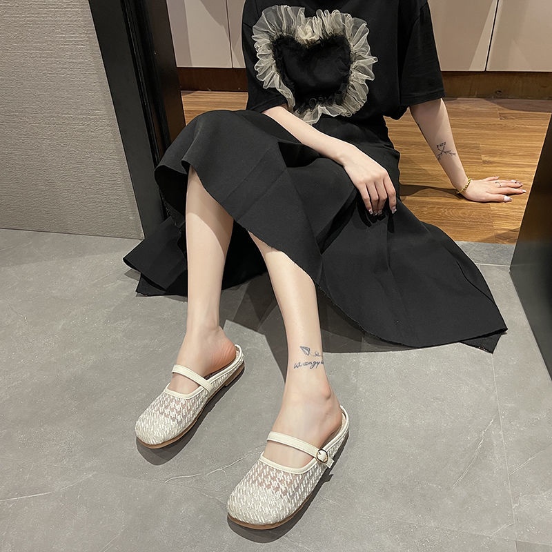 Dép Sandal Đế Bằng Mềm Mại Phối Ren Thoáng Khí Phong Cách Thời Trang Pháp Dành Cho Nữ