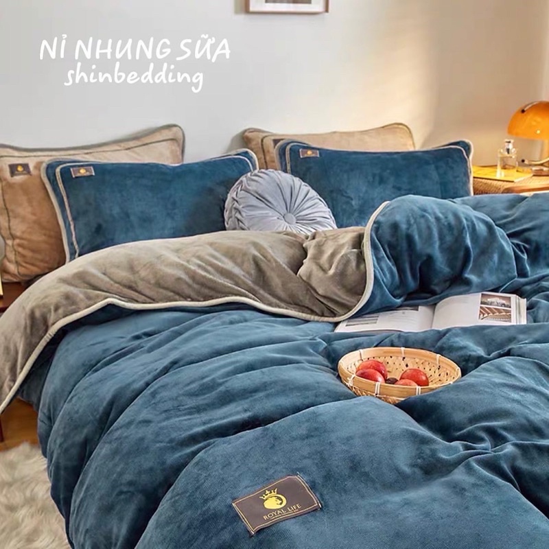 Set Bộ Vỏ Nỉ Nhung Sữa Trơn, Có Viền Gối, Chất Nỉ Nhung Mềm ,Êm, Ấm Áp_shinbedding