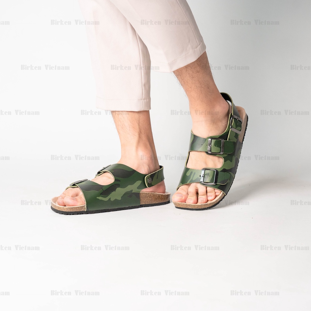 [ New Style ] - R02 DÉP ĐẾ TRẤU Da PU Camo Rằn Ri Hai Quai Ngang Unisex Birken Vietnam Bioline