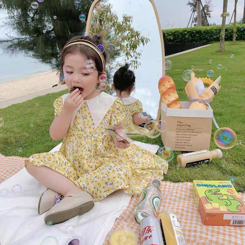 Váy Cổ Tim Thô Mềm Họa Tiết Hoa Nhí Phối Tay Nhún Cho Bé Gái MINTSCLOSET Size Từ 2 -4 Tuổi - GV0038