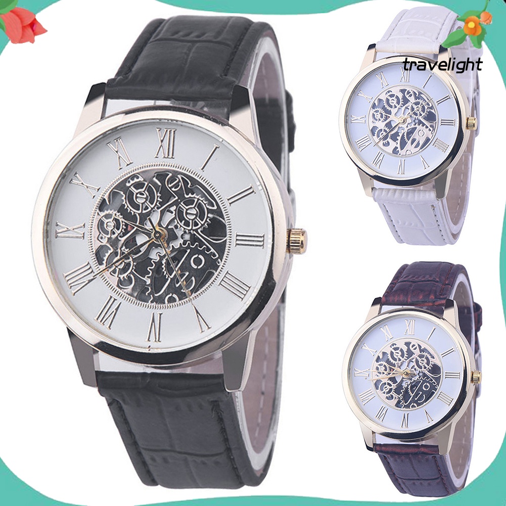 Đồng hồ cơ lộ máy mặt tròn dây giả da thời trang cho nam
