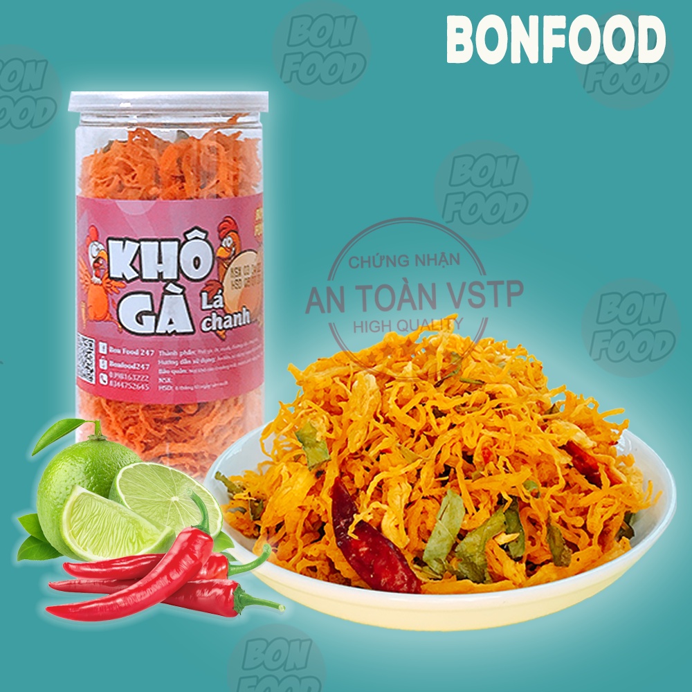 Khô gà lá chanh dai dai giòn giòn thơm ngon Bon Food 247 hộp 220g, khô gà xé sợi ăn liền ngon ngất ngây