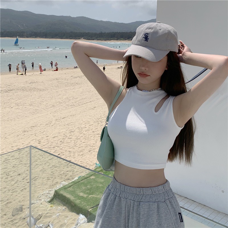 Áo crt ba lỗ nữ cổ tròn khoét vai dáng ôm body quyến rũ/ Áo croptop cổ tròn chất co dãn 2 màu dễ phối đồ_kudoshop