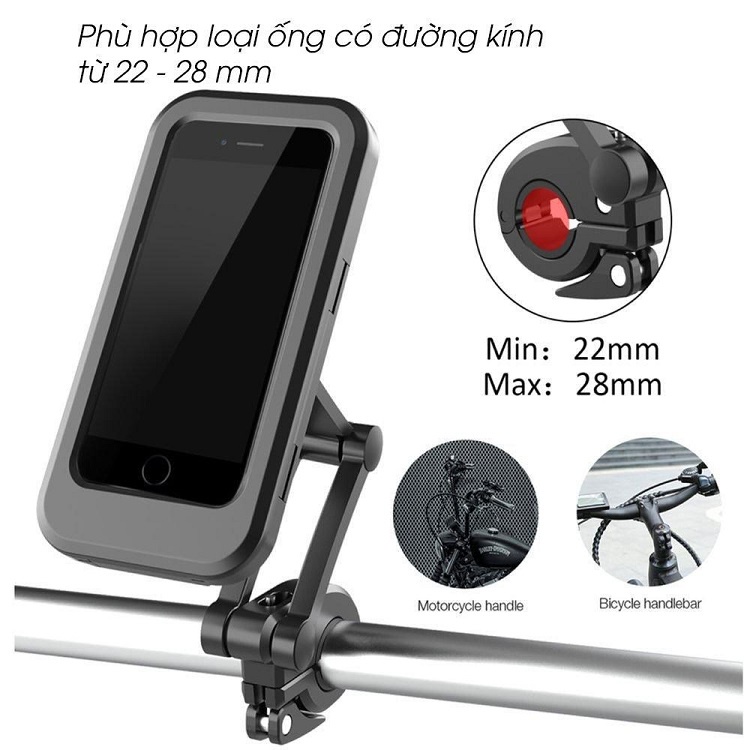 Giá Kẹp Điện Thoại, Lắp Cho Xe Đạp, Xe Máy, Chống Nước, Xoay 360 Độ - Kẹp Chân Gương Xe Máy - Dùng Cảm Ứng Siêu Nhạy