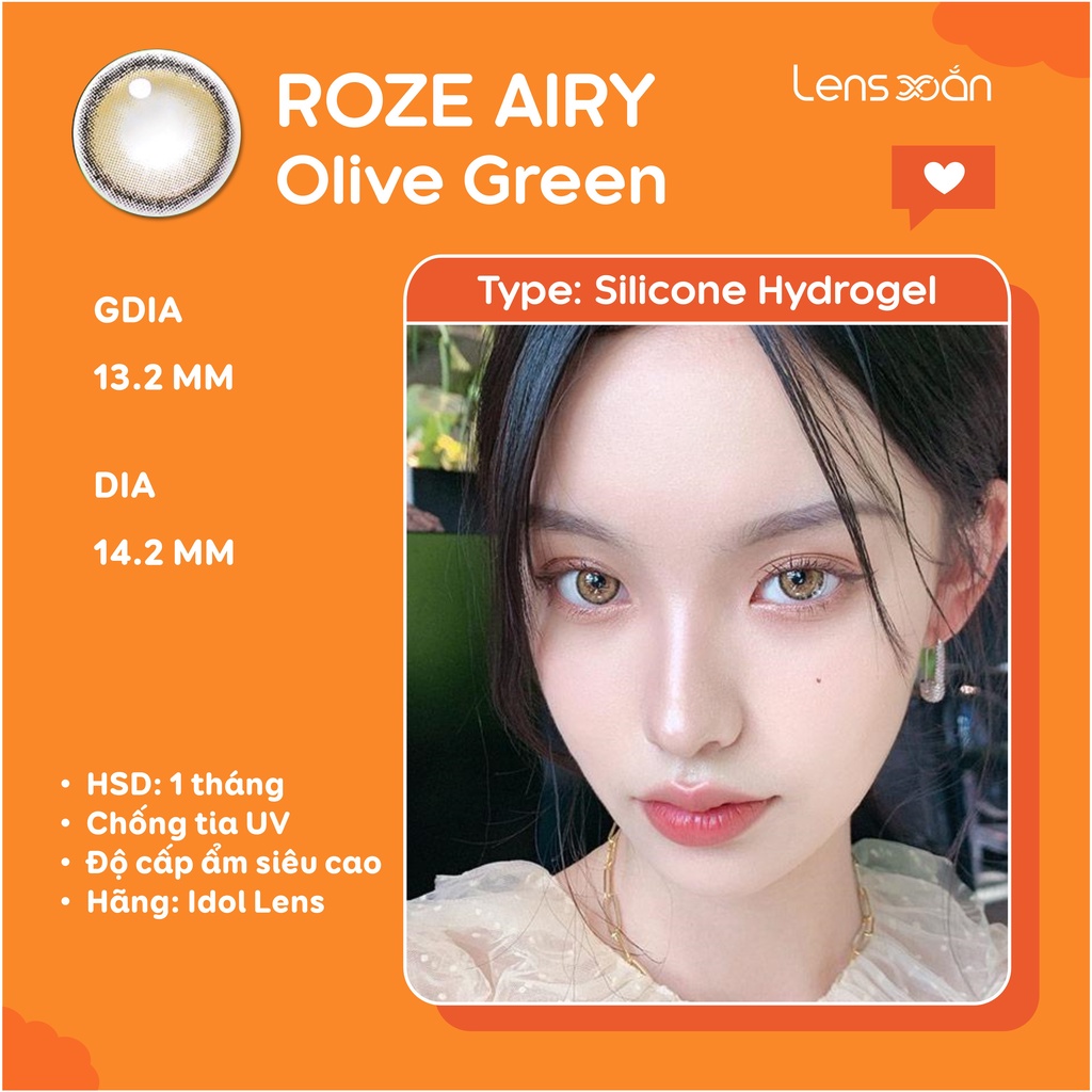 KÍNH ÁP TRÒNG ROZE AIRY OLIVE GREEN CỦA IDOL LENS : LENS SILICONE NÂU ÁNH XANH OLIVE CÓ ĐỘ CẬN LỆCH | LENS XOẮN