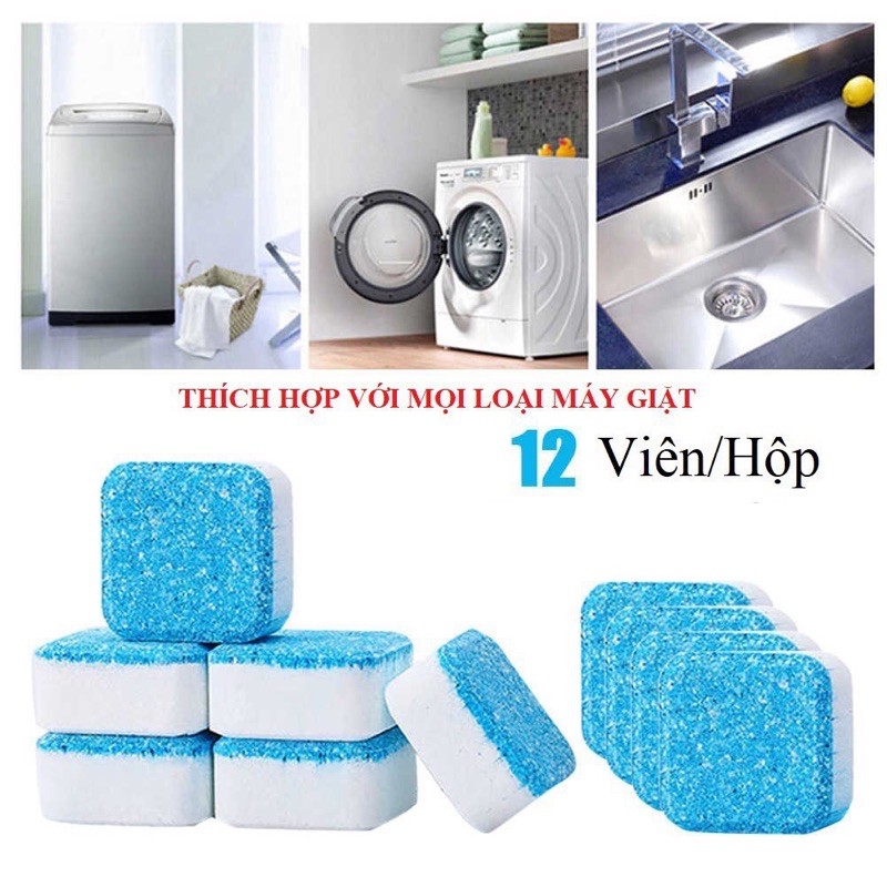 Hộp 12 viên tẩy lồng máy giặt, sủi sạch vi khuẩn - giúp tẩy sạch cặn bẩn trong máy giặt