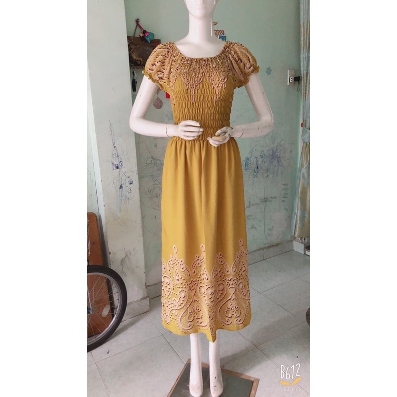 Đầm maxi tay phồng chạy thun quanh thân xốp thái cao cấp (48-65ky)