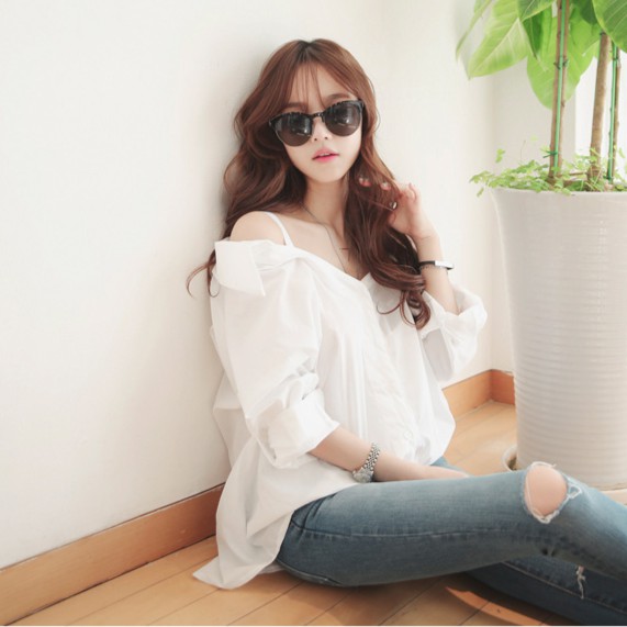 Áo trễ vai SUXI tay dài dáng rộng màu trắng thời trang cho nữ