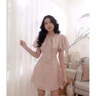 Đầm Hồng Tay Phồng Cột Nơ