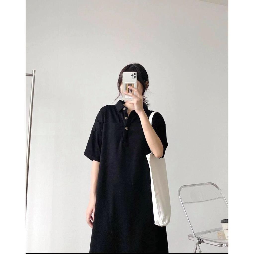 Váy Polo Cúc Đồng PEONYB Nữ [FREESHIP] 🌸 Đầm dáng suông màu đen trơn, thun tay lỡ bánh bèo cá tính Ulzzang 🌸  ྇