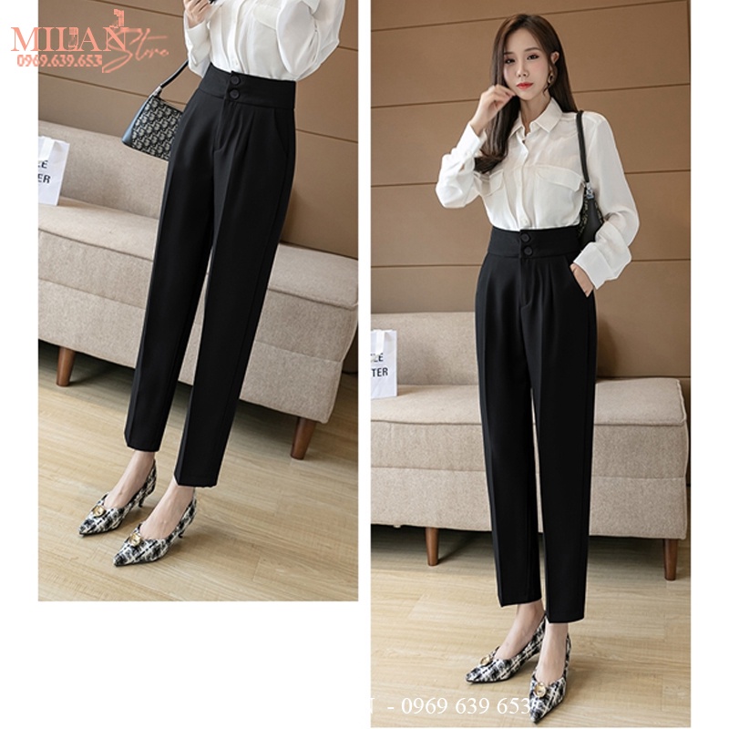 Quần baggy công sở nữ cạp cao bản to đi học làm 2 tầng khuy dáng quần tây nữ lưng cao vải dày màu đen học sinh đi học